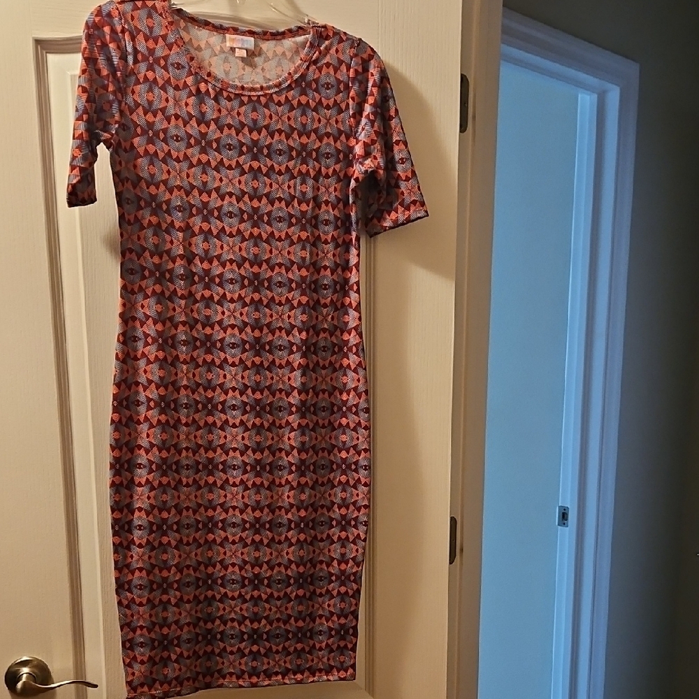 LuLaRoe Julia Geometric Patterned Dress - Red and Blue
